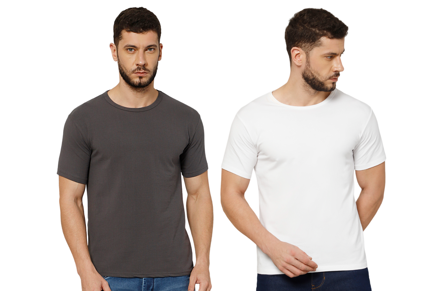T-Shirt for Men (Grey + White) - 100% Cotton Casual T-Shirt | Half Sleeve, Round Neck 4 Way Stretch Fabric | Slim Fit T-Shirt (Pack of 2)