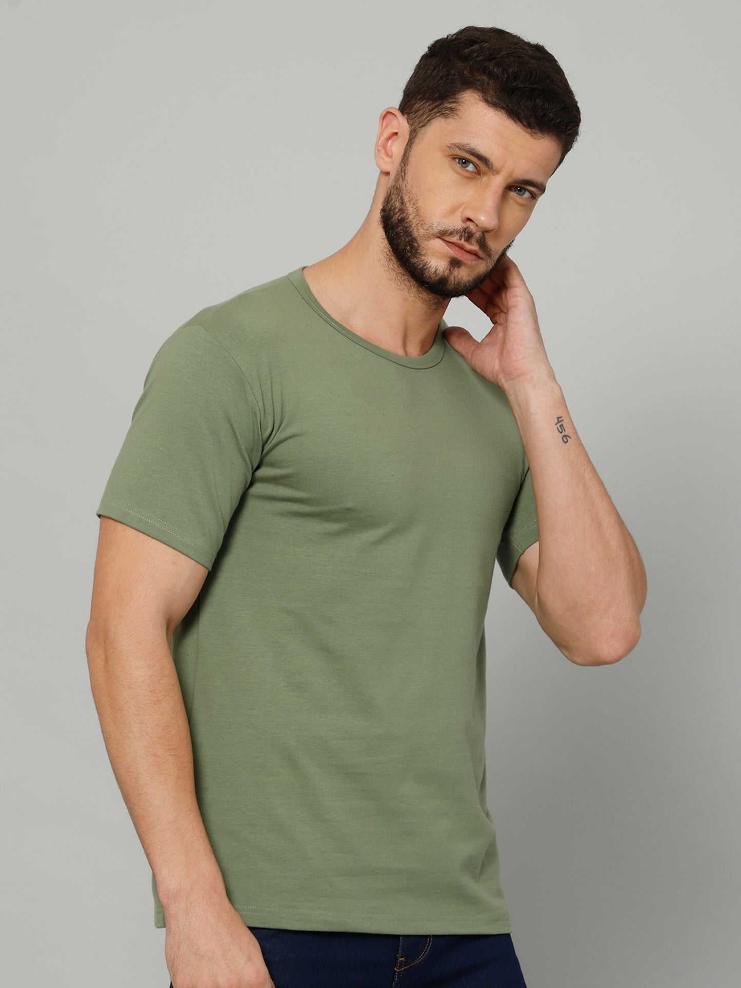 Olive Green T-Shirt for Men - 100% Cotton Casual T-Shirt | Half Sleeve, Round Neck 4 Way Stretch Fabric | Slim Fit T-Shirt