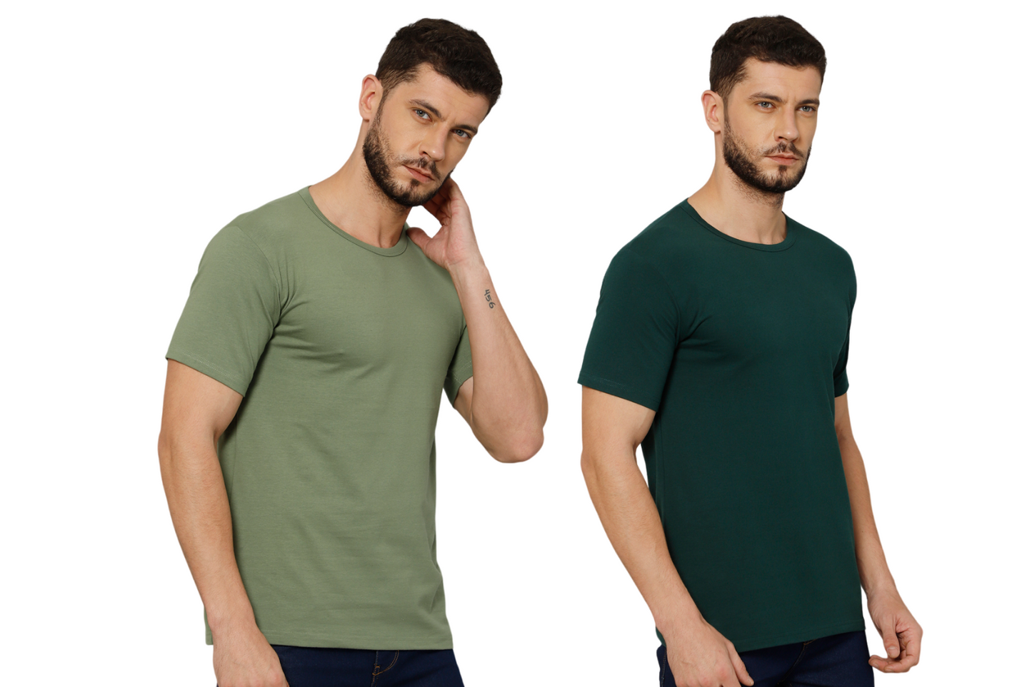 T-Shirt for Men (Olive + Jungle Green) - 100% Cotton Casual | Half Sleeve, Round Neck 4 Way Stretch Fabric | Slim Fit T-Shirt (Pack of 2)