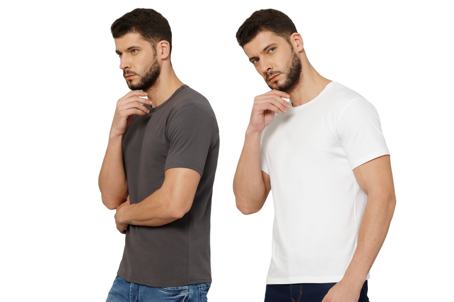 T-Shirt for Men (Grey + White) - 100% Cotton Casual T-Shirt | Half Sleeve, Round Neck 4 Way Stretch Fabric | Slim Fit T-Shirt (Pack of 2)