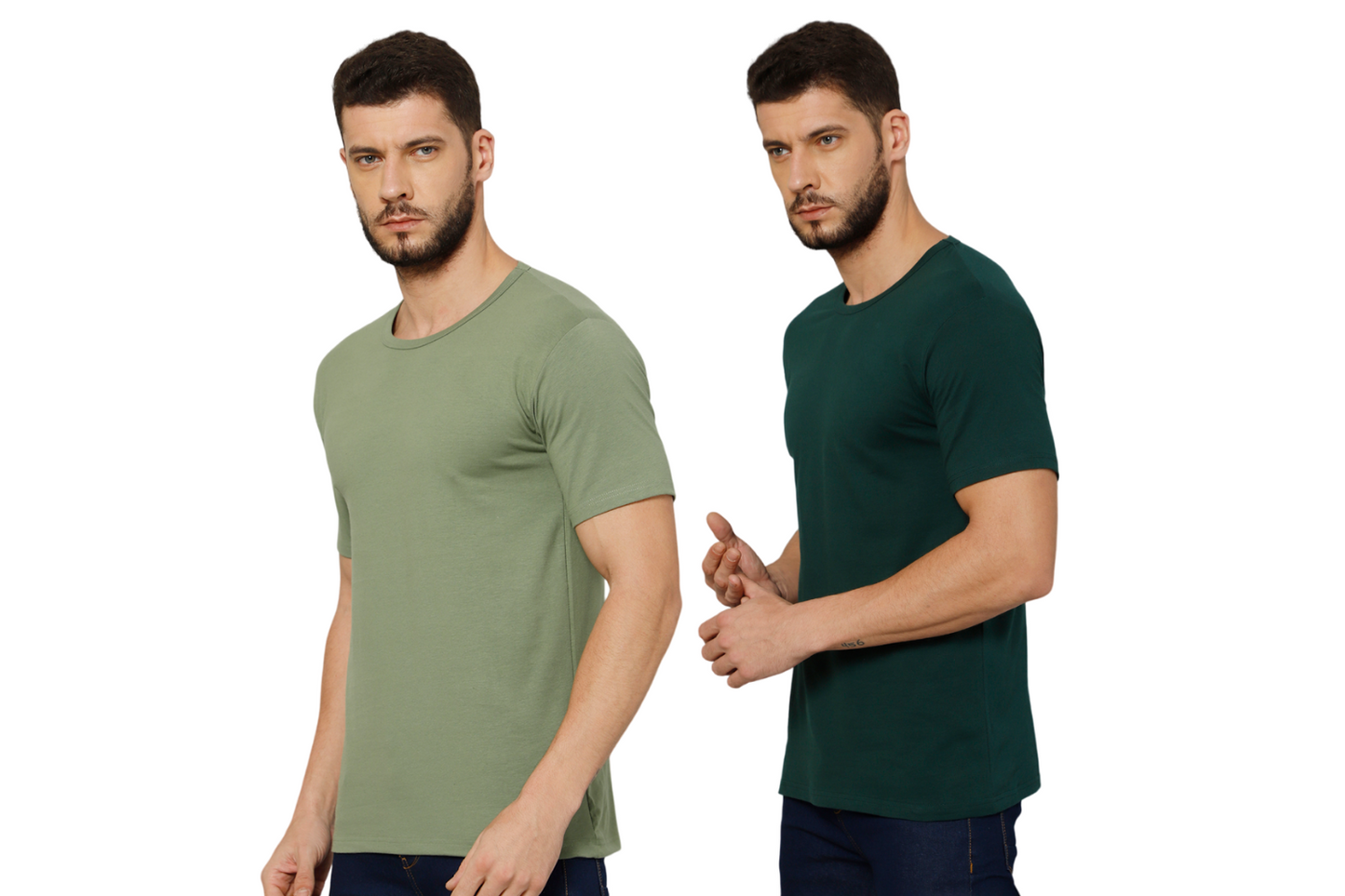 T-Shirt for Men (Olive + Jungle Green) - 100% Cotton Casual | Half Sleeve, Round Neck 4 Way Stretch Fabric | Slim Fit T-Shirt (Pack of 2)