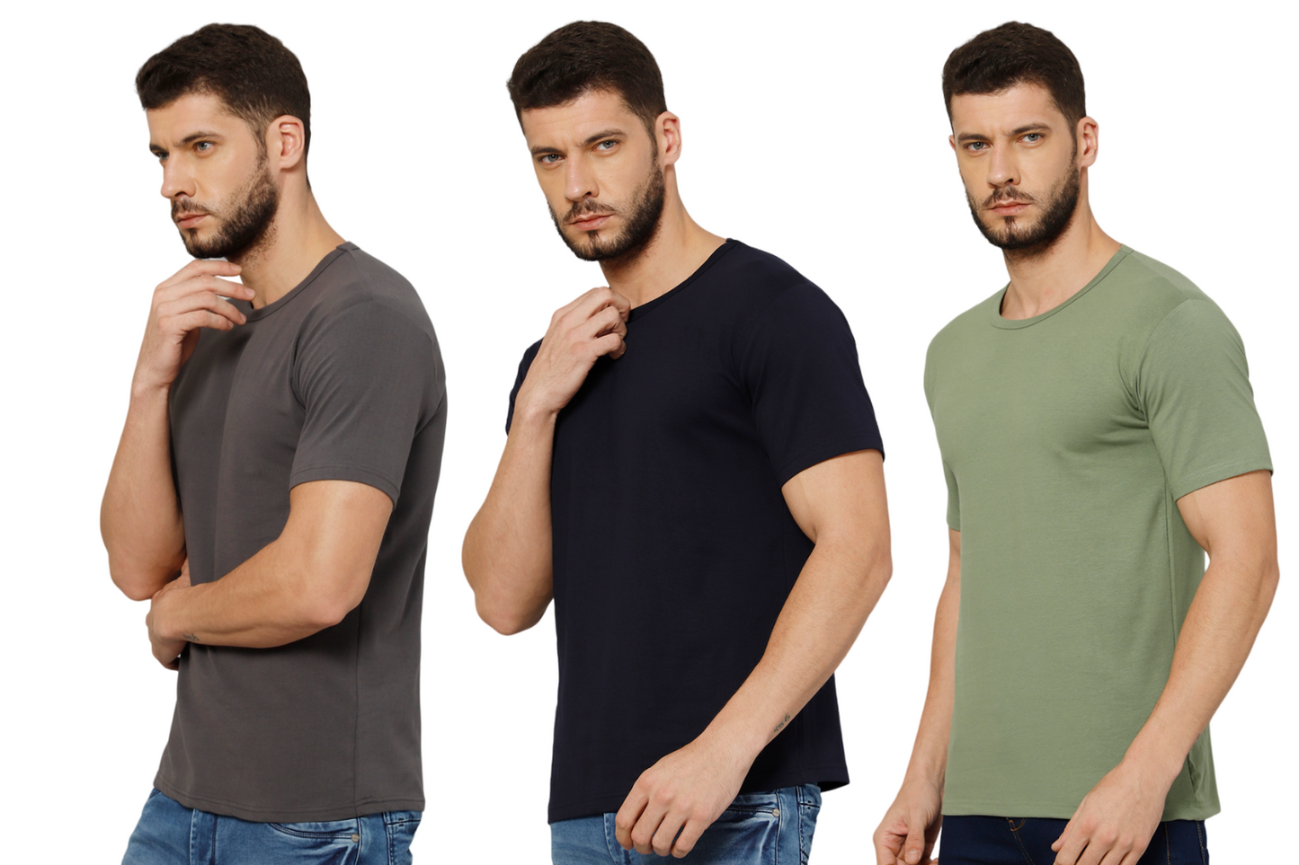 T-Shirt for Men (Grey + Olive Green + Navy Blue) - 100% Cotton Casual T-Shirt | Half Sleeve, Round Neck 4 Way Stretch Fabric