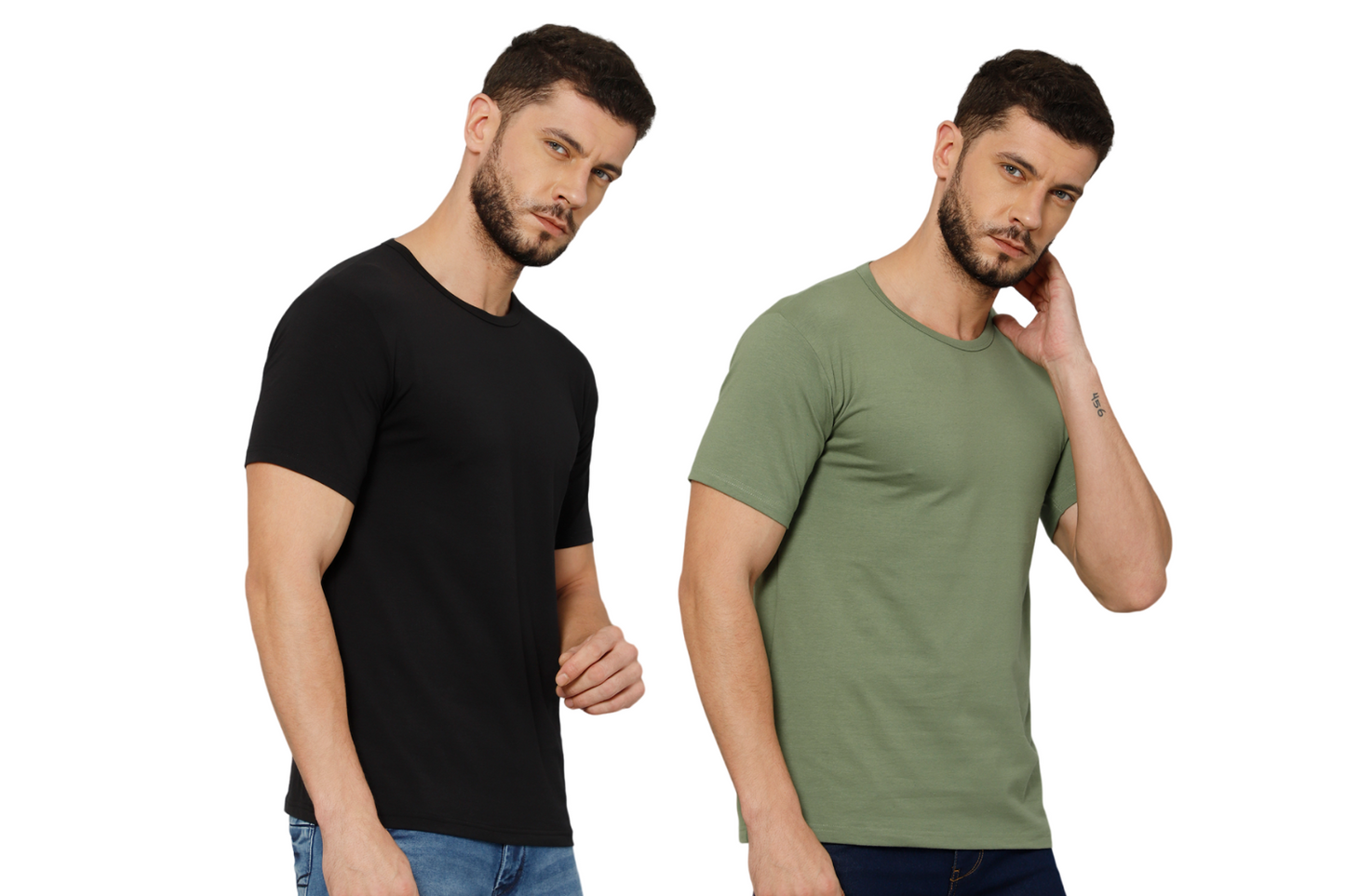 T-Shirt for Men (Olive Green + Black) - 100% Cotton Casual T-Shirt | Half Sleeve, Round Neck 4 Way Stretch Fabric | Slim Fit T-Shirt (Pack of 2)