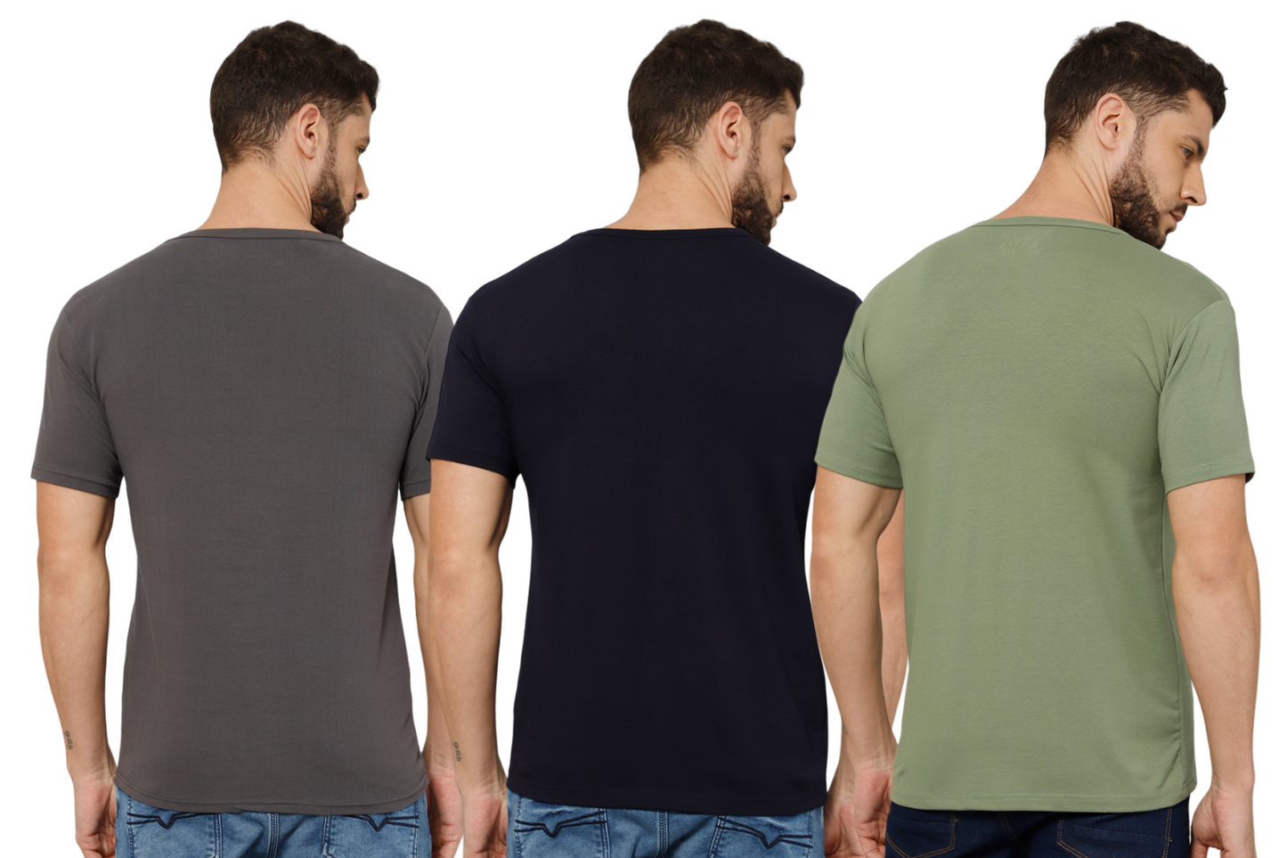 T-Shirt for Men (Grey + Olive Green + Navy Blue) - 100% Cotton Casual T-Shirt | Half Sleeve, Round Neck 4 Way Stretch Fabric