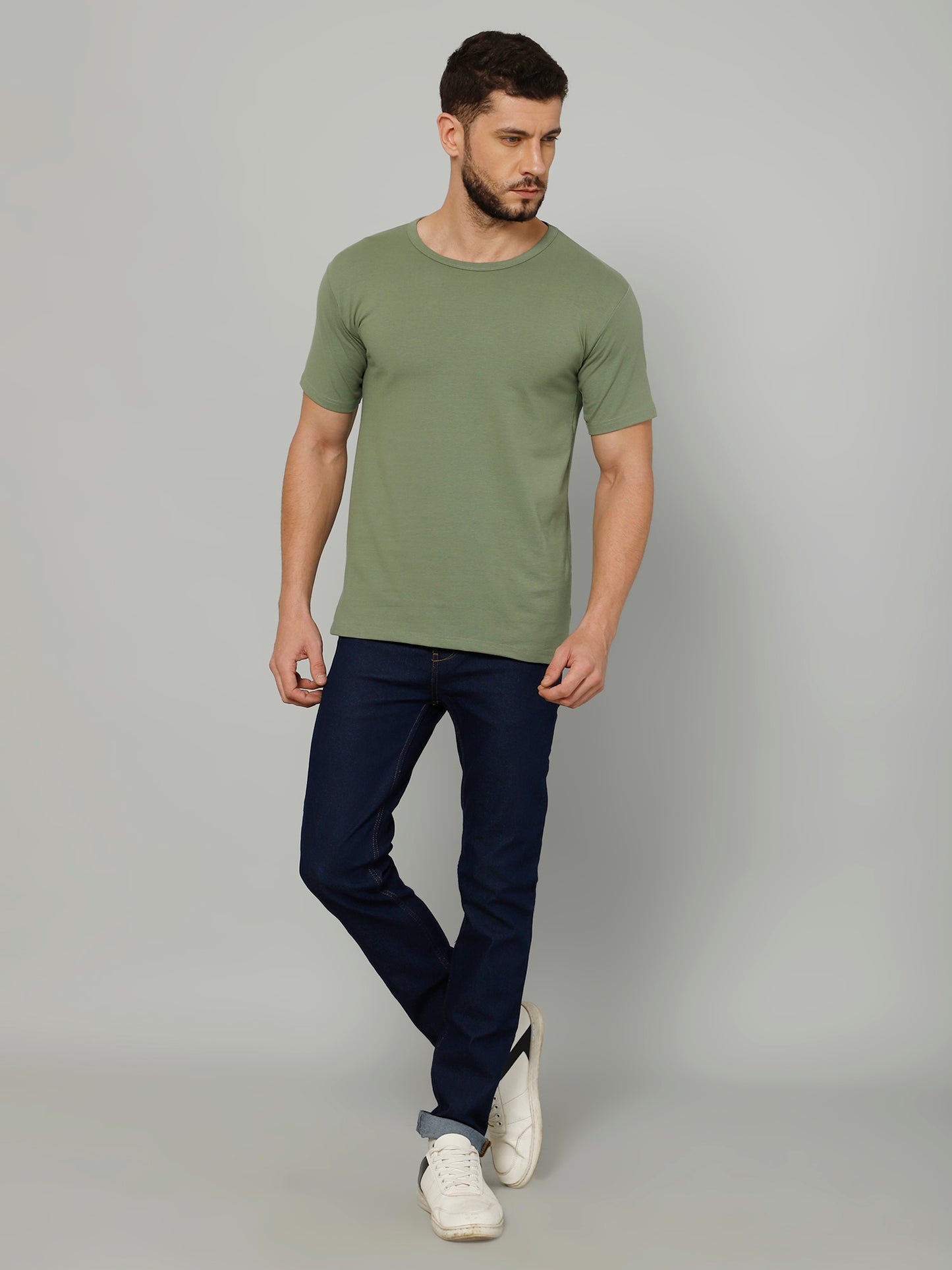 Olive Green T-Shirt for Men - 100% Cotton Casual T-Shirt | Half Sleeve, Round Neck 4 Way Stretch Fabric | Slim Fit T-Shirt