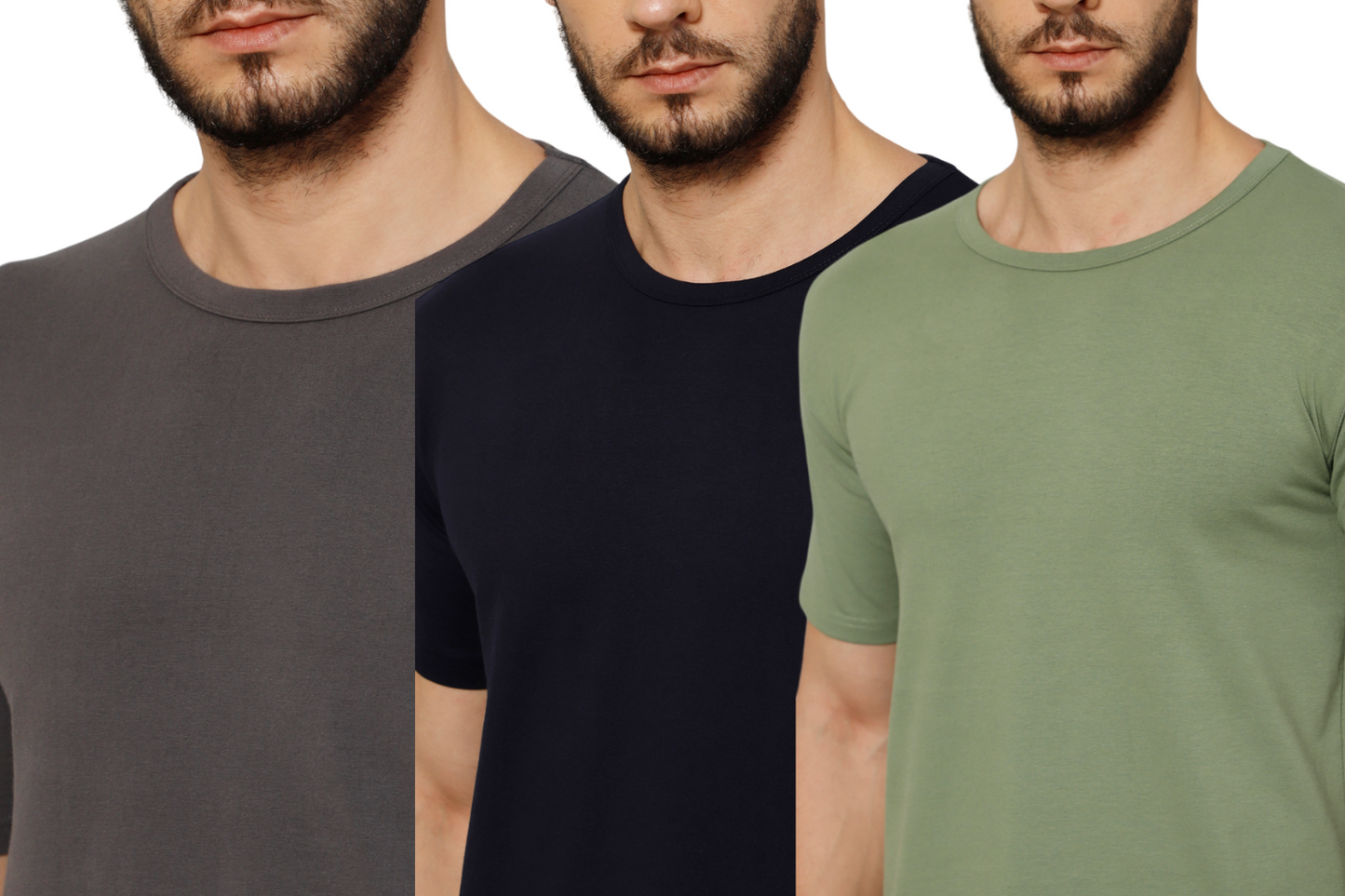 T-Shirt for Men (Grey + Olive Green + Navy Blue) - 100% Cotton Casual T-Shirt | Half Sleeve, Round Neck 4 Way Stretch Fabric