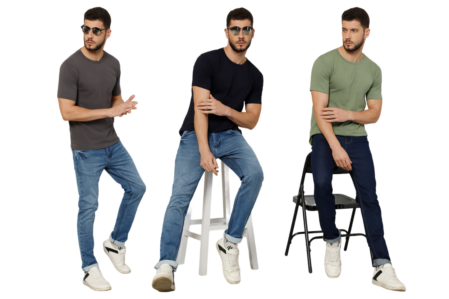 T-Shirt for Men (Grey + Olive Green + Navy Blue) - 100% Cotton Casual T-Shirt | Half Sleeve, Round Neck 4 Way Stretch Fabric