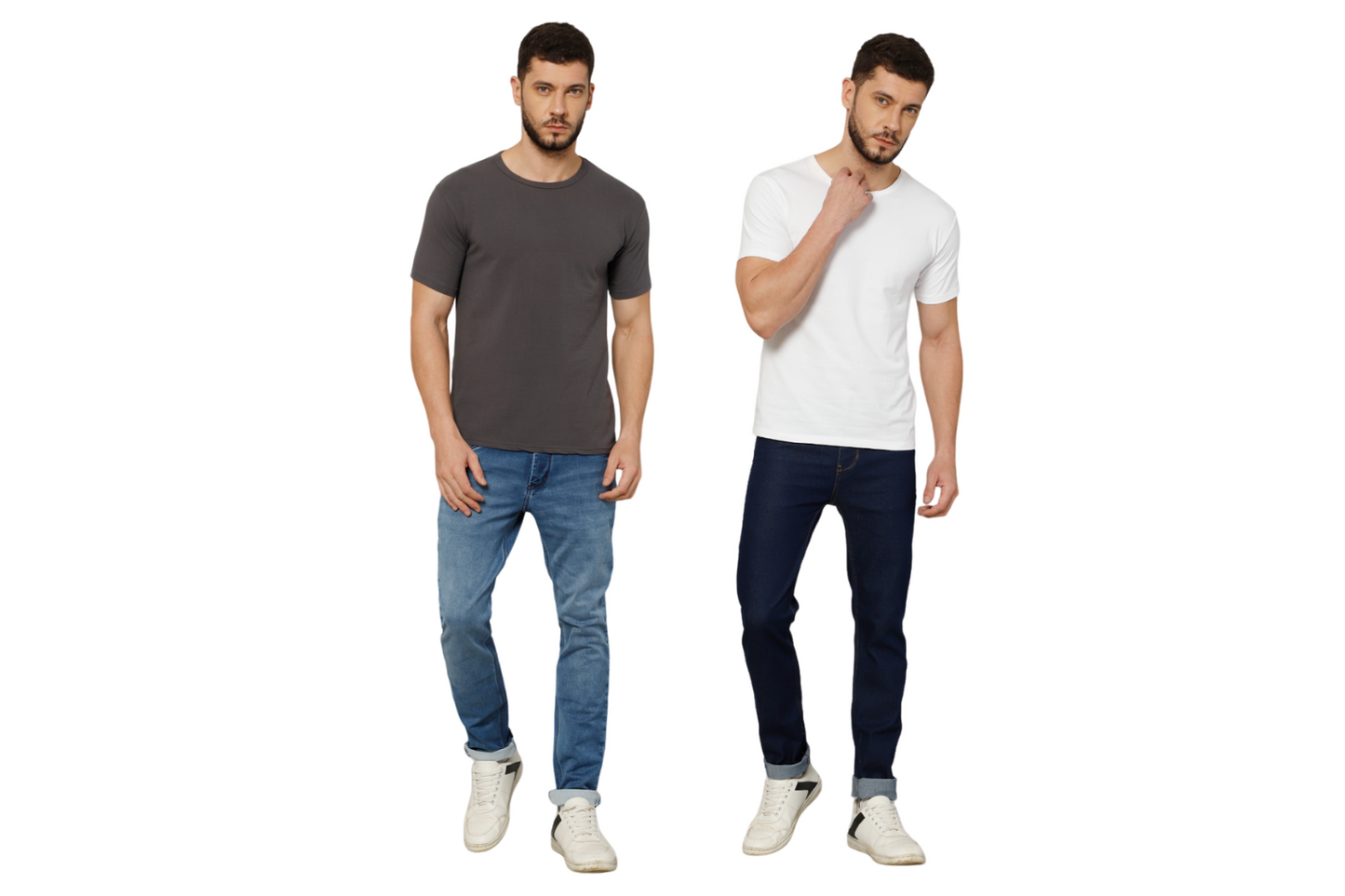 T-Shirt for Men (Grey + White) - 100% Cotton Casual T-Shirt | Half Sleeve, Round Neck 4 Way Stretch Fabric | Slim Fit T-Shirt (Pack of 2)