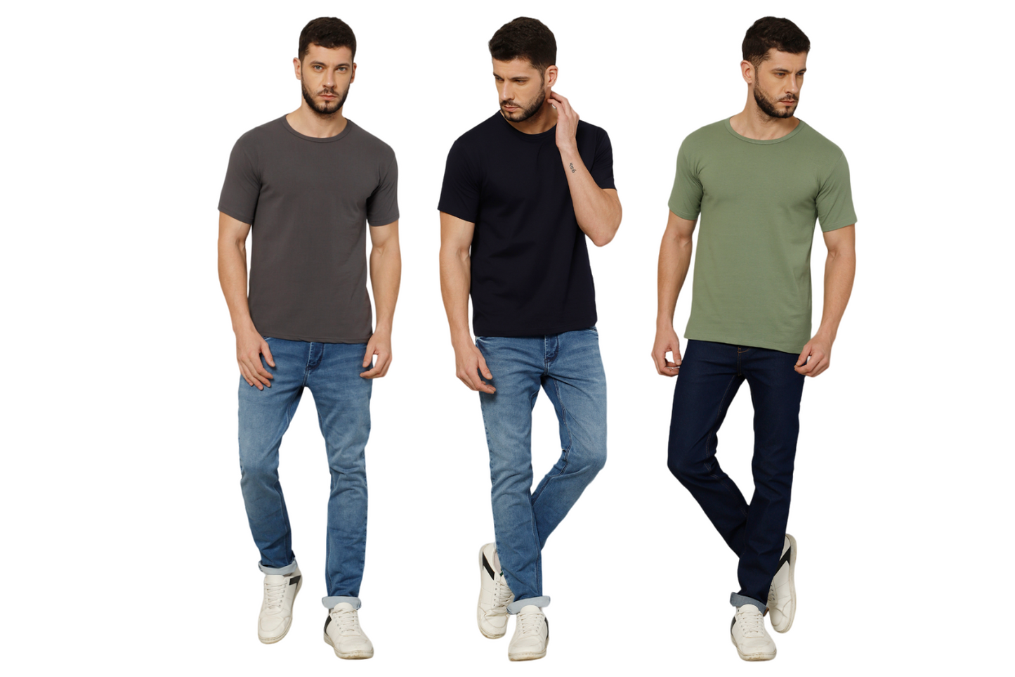 T-Shirt for Men (Grey + Olive Green + Navy Blue) - 100% Cotton Casual T-Shirt | Half Sleeve, Round Neck 4 Way Stretch Fabric