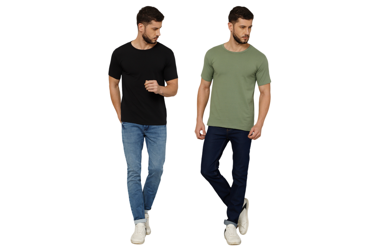 T-Shirt for Men (Olive Green + Black) - 100% Cotton Casual T-Shirt | Half Sleeve, Round Neck 4 Way Stretch Fabric | Slim Fit T-Shirt (Pack of 2)