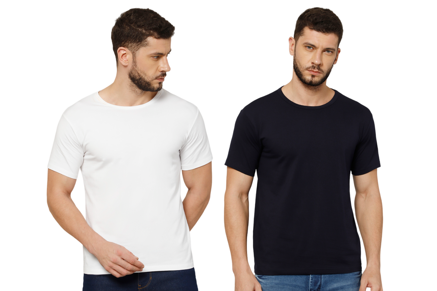 T-Shirt for Men (Navy Blue + White) - 100% Cotton Casual T-Shirt | Half Sleeve, Round Neck 4 Way Stretch Fabric | Slim Fit T-Shirt (Pack of 2)