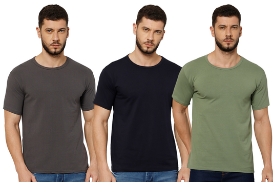 T-Shirt for Men (Grey + Olive Green + Navy Blue) - 100% Cotton Casual T-Shirt | Half Sleeve, Round Neck 4 Way Stretch Fabric