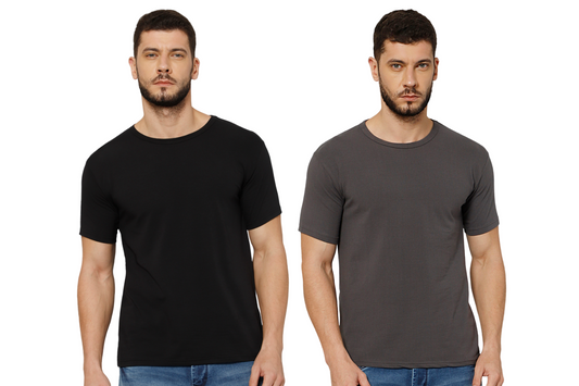 T-Shirt for Men (Black + Grey) - 100% Cotton Casual T-Shirt | Half Sleeve, Round Neck 4 Way Stretch Fabric | Slim Fit T-Shirt (Pack of 2)