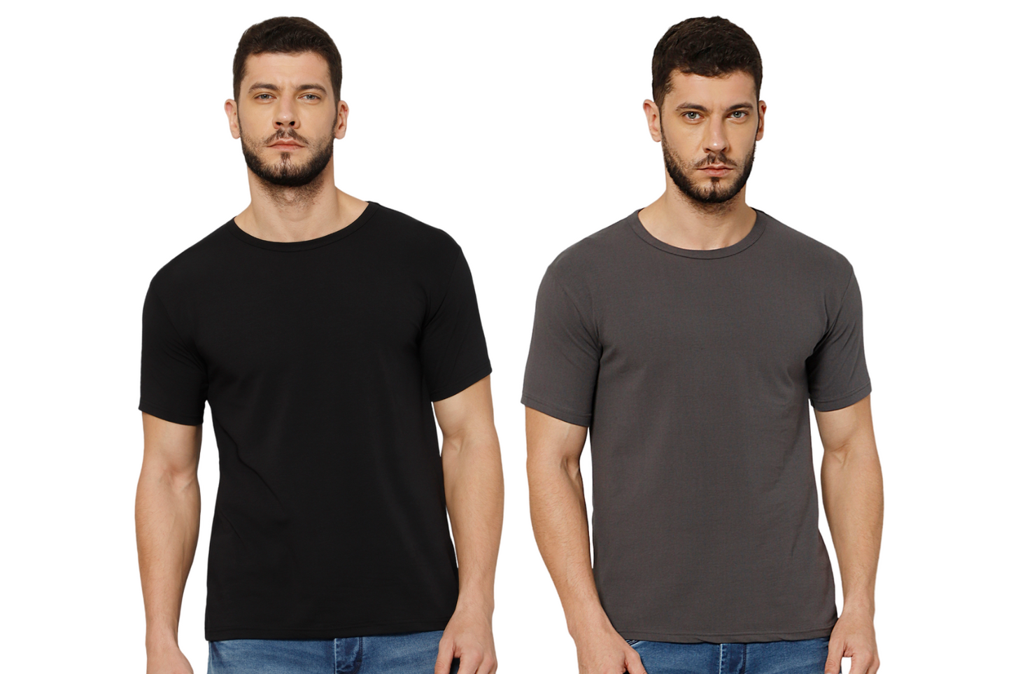 T-Shirt for Men (Black + Grey) - 100% Cotton Casual T-Shirt | Half Sleeve, Round Neck 4 Way Stretch Fabric | Slim Fit T-Shirt (Pack of 2)