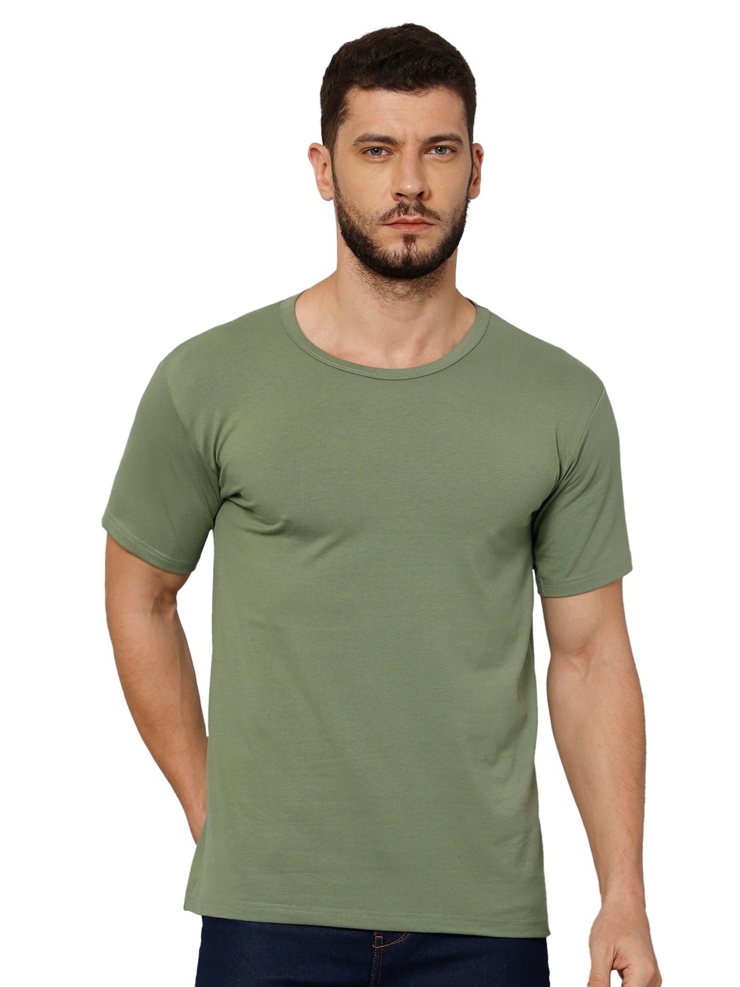 Olive Green T-Shirt for Men - 100% Cotton Casual T-Shirt | Half Sleeve, Round Neck 4 Way Stretch Fabric | Slim Fit T-Shirt