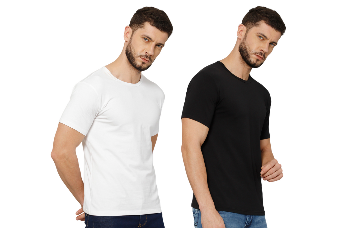 T-Shirt for Men (Black + White) - 100% Cotton Casual T-Shirt | Half Sleeve, Round Neck 4 Way Stretch Fabric | Slim Fit T-Shirt (Pack of 2)