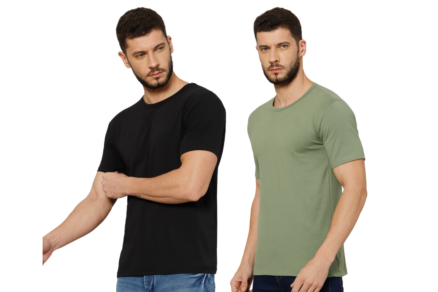 T-Shirt for Men (Olive Green + Black) - 100% Cotton Casual T-Shirt | Half Sleeve, Round Neck 4 Way Stretch Fabric | Slim Fit T-Shirt (Pack of 2)