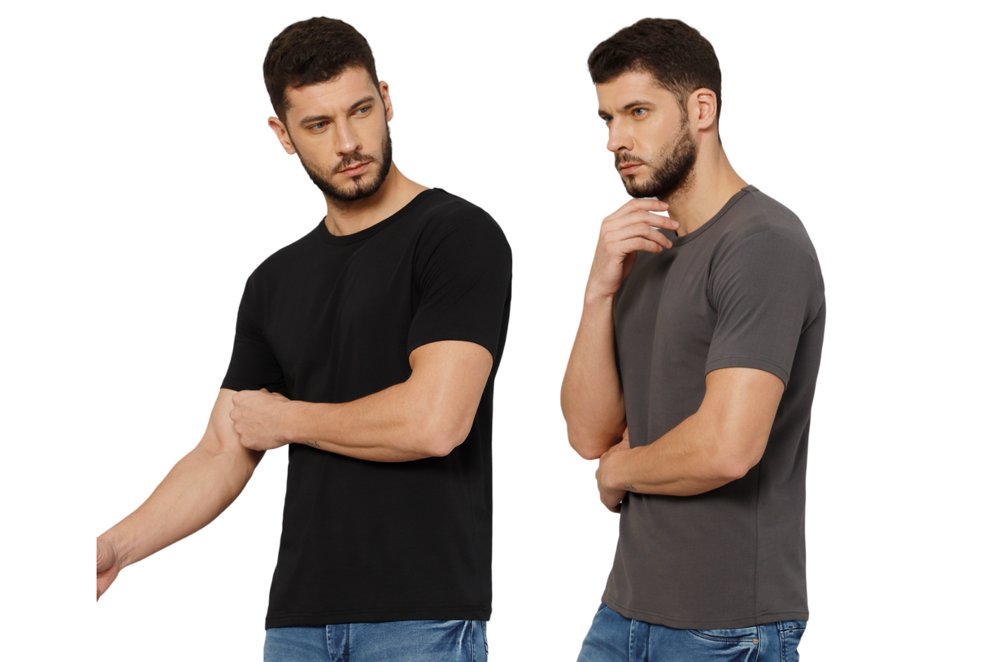 T-Shirt for Men (Black + Grey) - 100% Cotton Casual T-Shirt | Half Sleeve, Round Neck 4 Way Stretch Fabric | Slim Fit T-Shirt (Pack of 2)