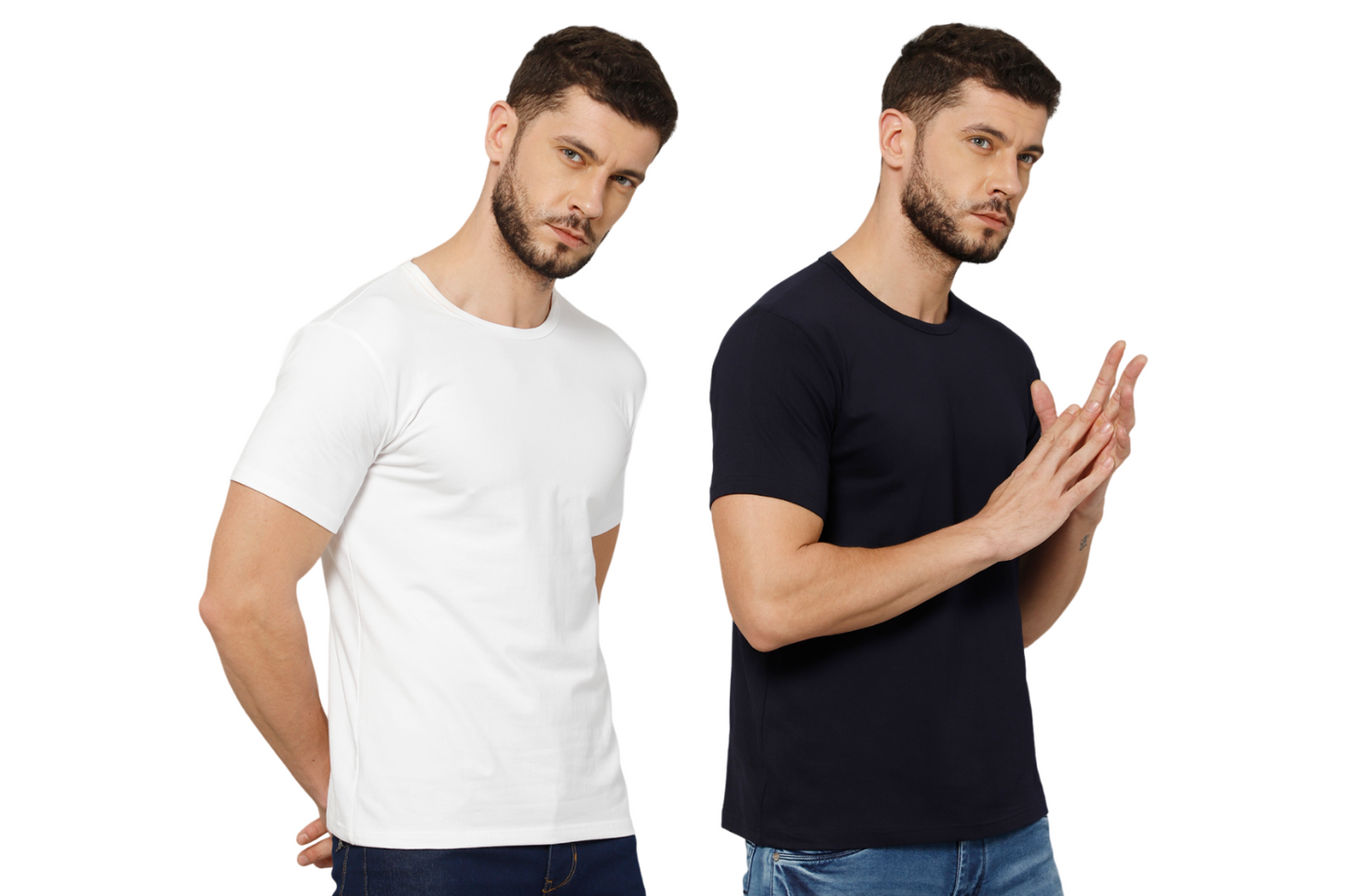 T-Shirt for Men (Navy Blue + White) - 100% Cotton Casual T-Shirt | Half Sleeve, Round Neck 4 Way Stretch Fabric | Slim Fit T-Shirt (Pack of 2)