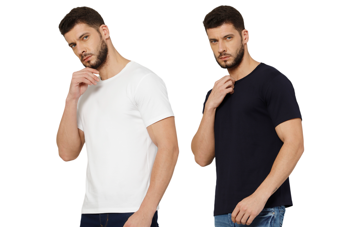 T-Shirt for Men (Navy Blue + White) - 100% Cotton Casual T-Shirt | Half Sleeve, Round Neck 4 Way Stretch Fabric | Slim Fit T-Shirt (Pack of 2)
