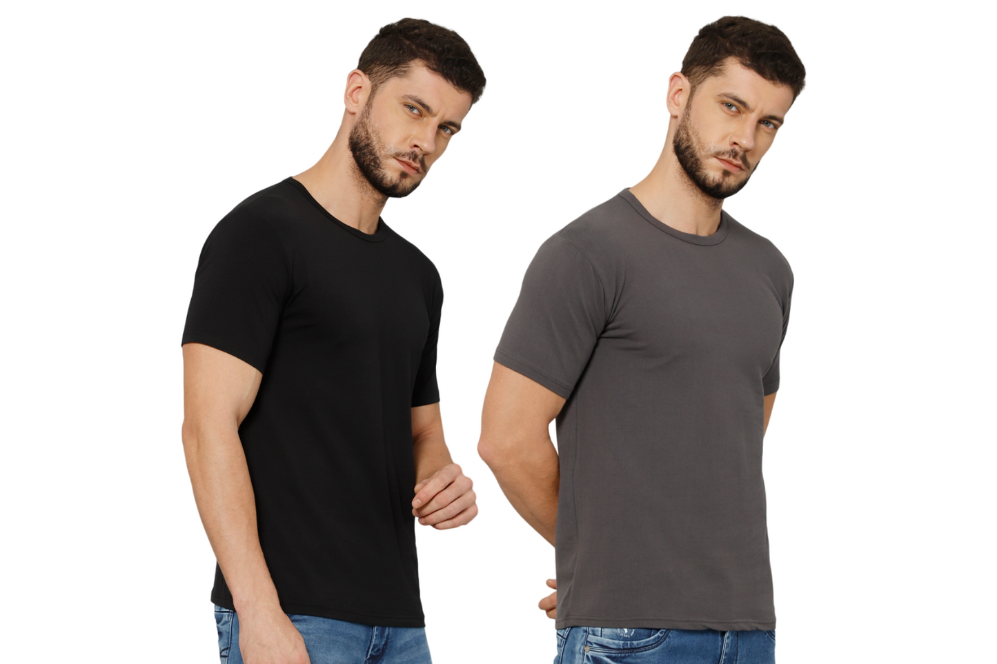 T-Shirt for Men (Black + Grey) - 100% Cotton Casual T-Shirt | Half Sleeve, Round Neck 4 Way Stretch Fabric | Slim Fit T-Shirt (Pack of 2)
