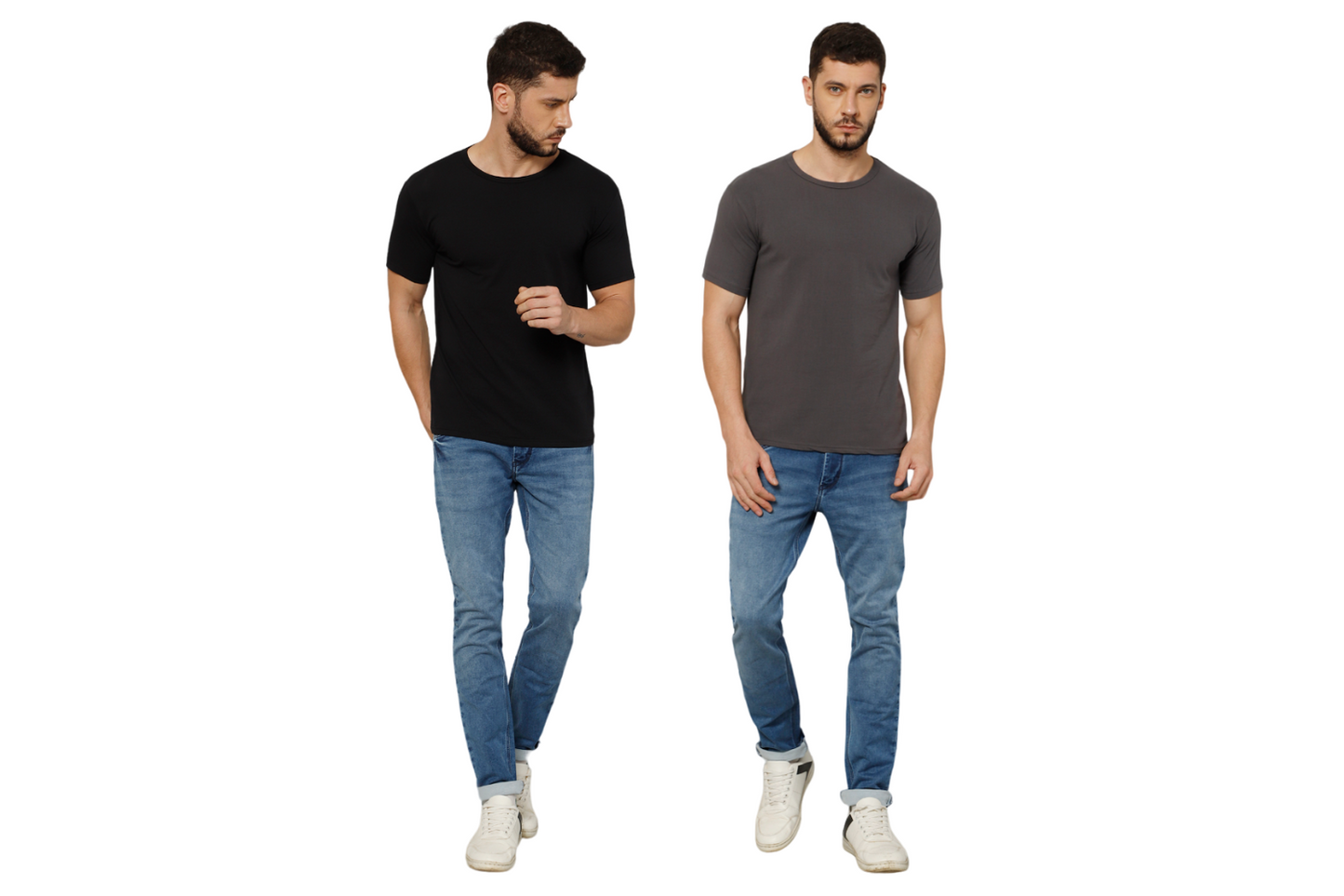 T-Shirt for Men (Black + Grey) - 100% Cotton Casual T-Shirt | Half Sleeve, Round Neck 4 Way Stretch Fabric | Slim Fit T-Shirt (Pack of 2)
