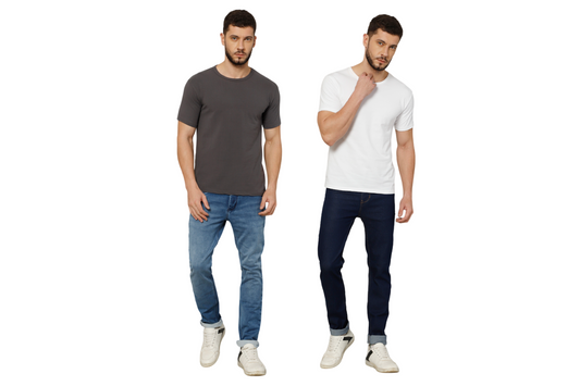 T-Shirt for Men (Grey + White) - 100% Cotton Casual T-Shirt | Half Sleeve, Round Neck 4 Way Stretch Fabric | Slim Fit T-Shirt (Pack of 2)